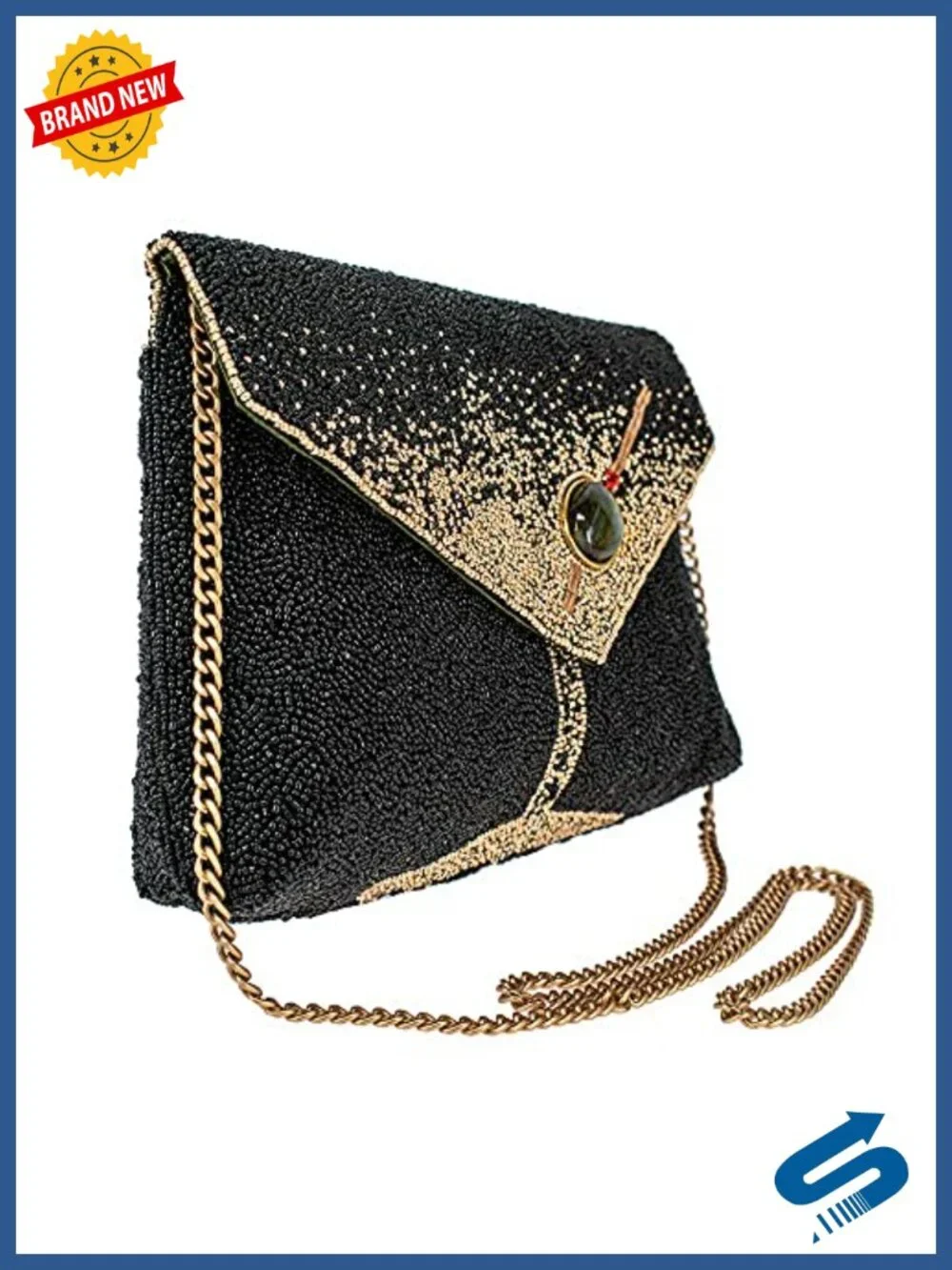 Hand-beaded crossbody clutch with martini glass motif, gem accents, removable